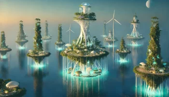 A futuristic floating sustainable city with lush greenery, wind turbines, and innovative eco-architecture