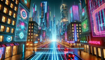 A high-quality, eye-level photo of a futuristic cyberpunk neon-lit urban scene with colorful lights and digital displays.