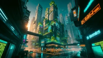 A futuristic eco-cyberpunk cityscape with towering neon-lit buildings and integrated greenery.