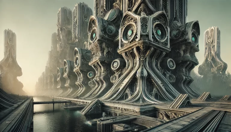 Futuristic eco-friendly architecture in a dystopian cyberpunk scene on an exo-planet, emphasizing sustainability.