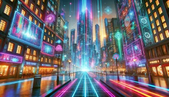 A high-quality, eye-level photo of a futuristic neon-lit urban scene with colorful lights and digital displays.