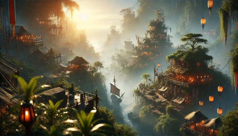 A mystical island civilization with glowing lanterns, multi-leveled wooden structures, and lush greenery in a misty, serene setting.