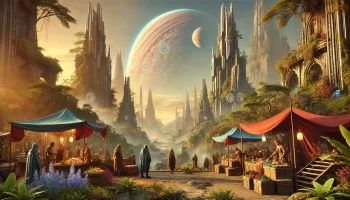 A mythpunk Renaissance marketplace on an exoplanet with towering gothic structures and a vibrant alien landscape.