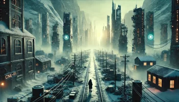 Post-apocalyptic Victorian futurism in a dystopian cityscape with towering structures and a lone figure on a snow-covered railway