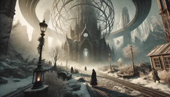 Post-apocalyptic Victorian world blending fantasy and sci-fi elements, with a grand cathedral and cloaked figures in a snowy landscape.