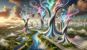 Surreal landscape with structures channeling quantum energy into usable power