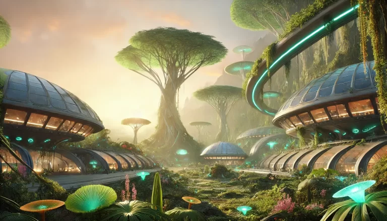 Solarpunk utopia in an alien jungle with advanced technology and lush vegetation