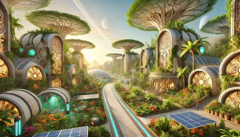 A solarpunk utopia in an exo-planetary jungle, blending art nouveau and advanced technology.