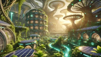 Solarpunk utopia in an exo-planetary jungle, showcasing sustainable architecture and art nouveau elements.