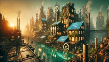 Steampunk solar-powered city in a post-apocalyptic world with eco-friendly designs and solar technology