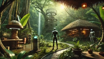 Futuristic transhumanist scene set in a lush jungle with colonial and technological elements