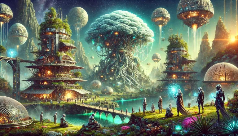 A utopian transhumanism city on an exo-planet with advanced technology and nature harmoniously integrated.