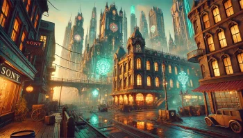 Victorian Cyberpunk Cityscape with Gothic Towers in a Post-Apocalyptic Setting