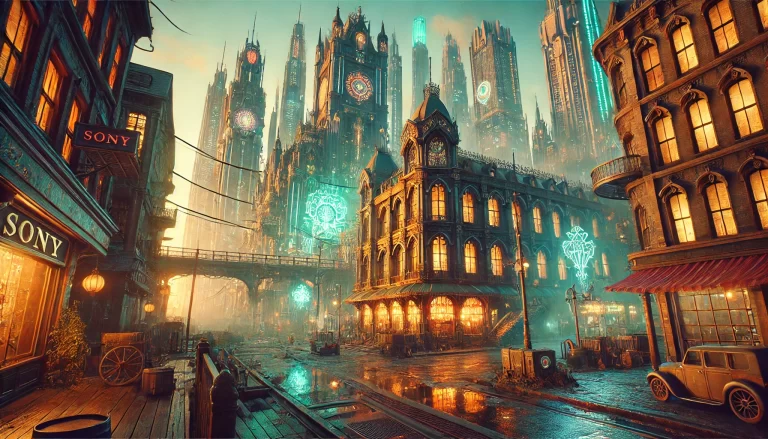 Victorian Cyberpunk Cityscape with Gothic Towers in a Post-Apocalyptic Setting