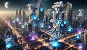 A highly detailed bioengineered futuristic city at night, featuring skyscrapers and structures grown through advanced bioengineering with glowing organic forms.