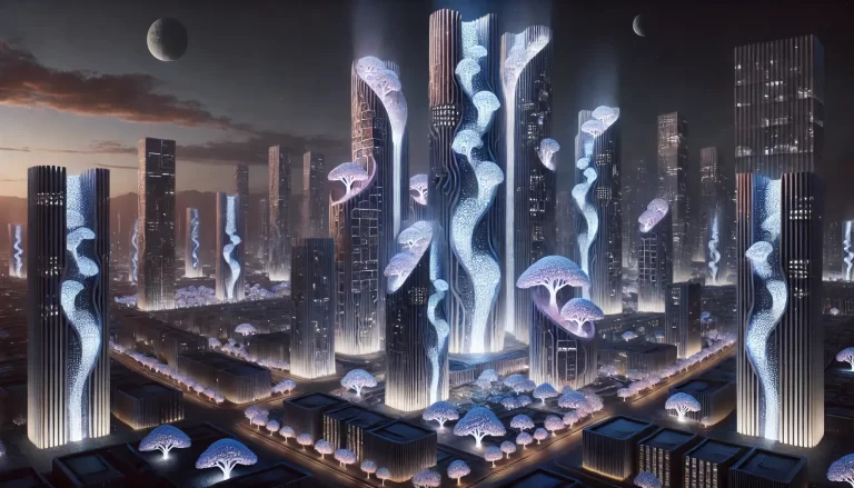 A futuristic biopunk cityscape at night with skyscrapers featuring coral-like bioluminescent patterns glowing in soft blues and purples.