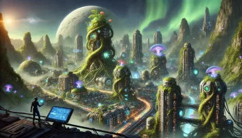 Biopunk futuristic city with towering organic structures on an exo-planet under glowing auroras.