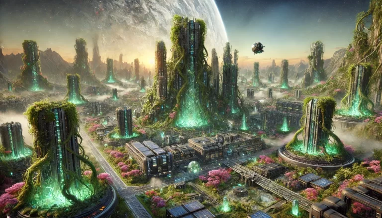 Biopunk futuristic city with towering organic structures on an exoplanet