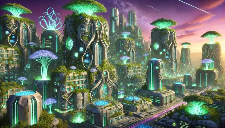 Biopunk sustainable city with organic architecture and bioluminescent trees