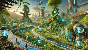 Biopunk sustainable future city with organic technology fusion and glowing energy nodes