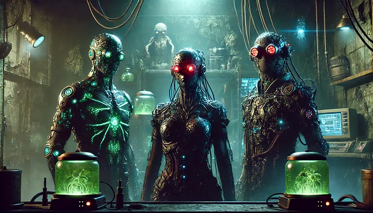 Three biopunk creatures, resembling cyborgs or genetically modified humans, standing in a laboratory setting. They are surrounded by scientific equipment, including beakers and tubes.