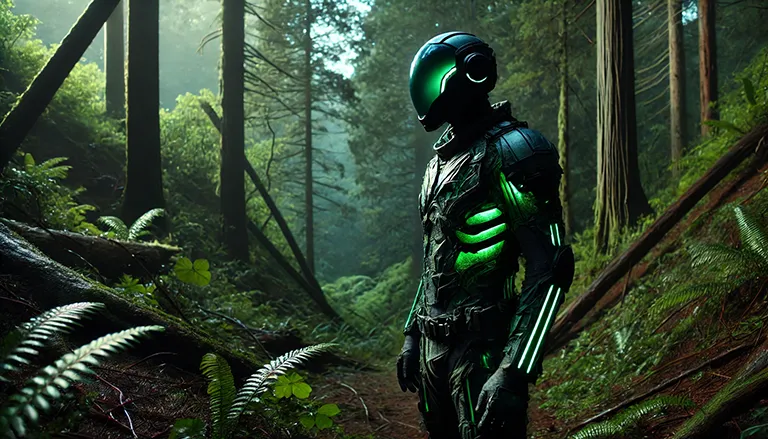 A futuristic, humanoid figure wearing a green and black suit and a helmet. They are standing in a dense forest, surrounded by tall trees and lush vegetation.