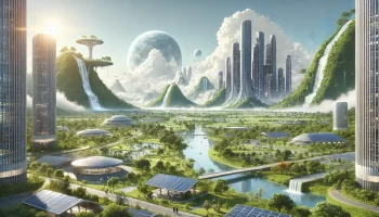 A futuristic eco-city with sustainable skyscrapers, solar panels, and lush green landscapes surrounded by rivers and waterfalls.