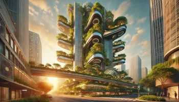 A futuristic sustainable biopunk architecture skyscraper with biophilic design, surrounded by greenery during the golden hour