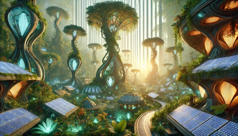 Solarpunk utopia exo-planetary jungle with futuristic art nouveau architecture and solar panels