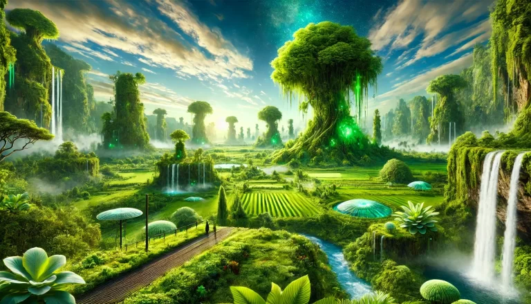 A futuristic sustainable environmental ecosystem with towering trees, glowing plants, waterfalls, and eco-friendly domes