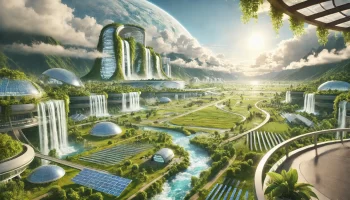 A futuristic city with lush greenery, waterfalls, solar panels, wind turbines, and eco-friendly buildings